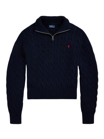 RALPH LAUREN WOMEN Cable-Knit Cotton Quarter-Zip Sweater Hunter Navy