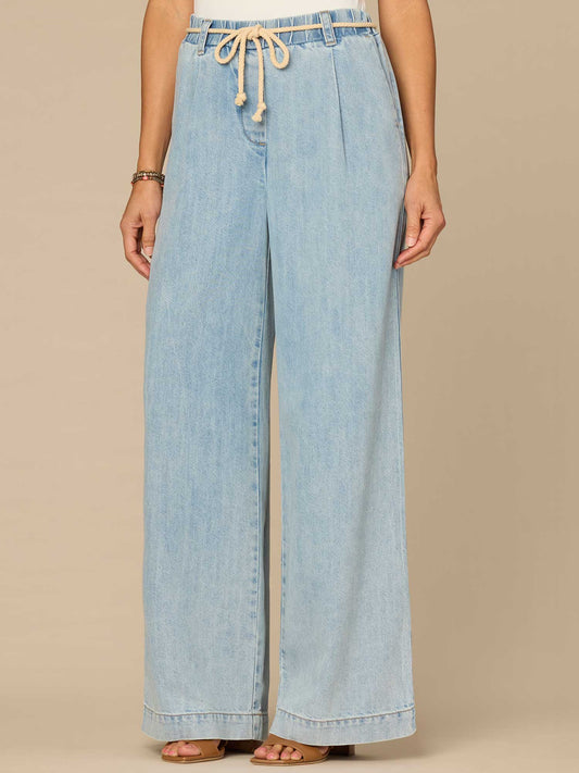 "Ab"leisure Skyrise Pleated Spade Pocket Wide Leg Jeans with Rope Belt