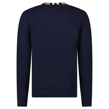 Burberry 'Noland' Knitted Wool/ Cashmere Jumper Check Neck Navy
